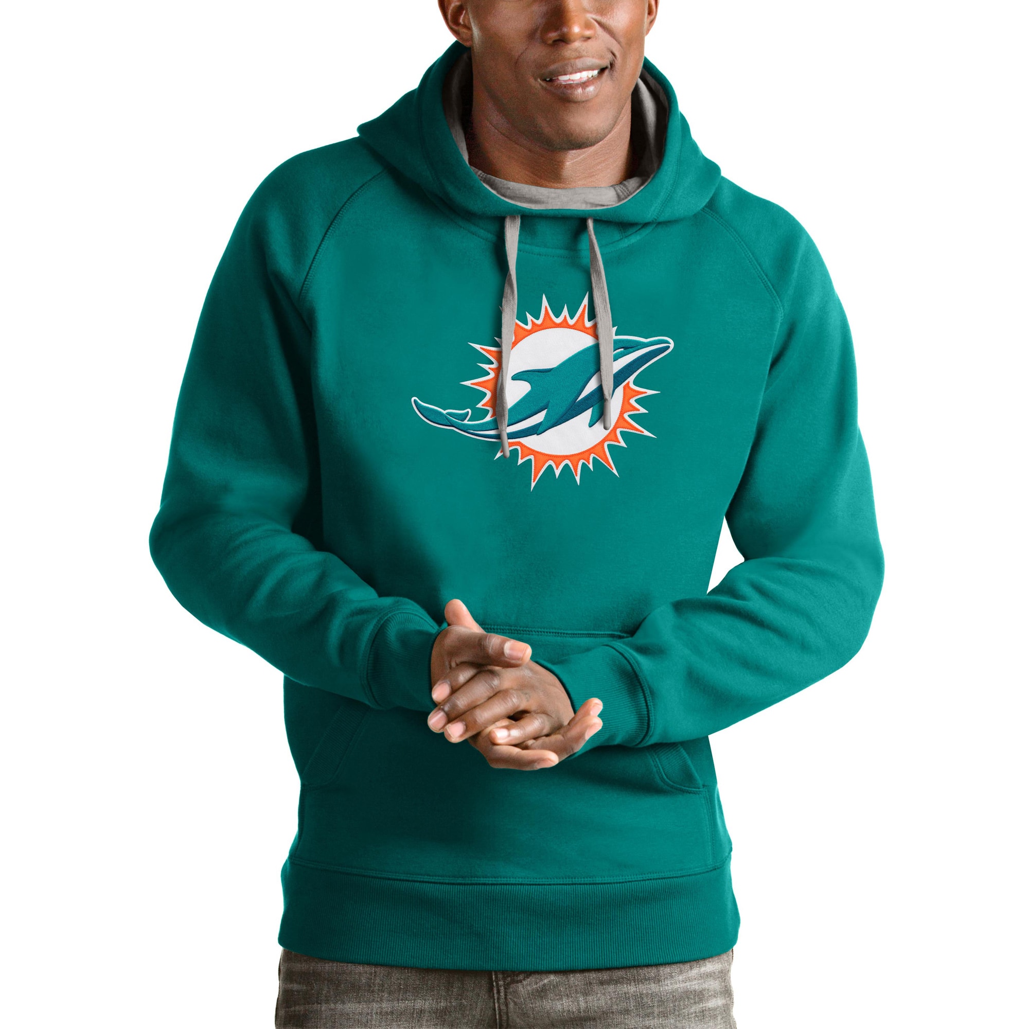 Men's Antigua Aqua Miami Dolphins Victory Pullover Hoodie